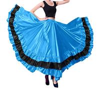 Backgarden Women Black Red Layers Satin Long Skirt for Spanish Flamenco Belly Dance Mexico Ballet Folklorico Performance, Lake Blue Theme, One Size