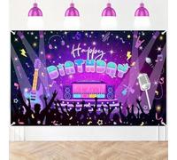 Background - A vibrant rock music-themed birthday banner with neon lights. It serves as party decoration