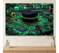 Background Cloth for Graduation Ceremony - Digital Education Theme of Green Circuit Board and Graduation Hat DesignL