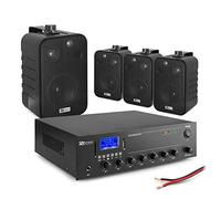 Background Music PA System with 4x Power Dynamics 4" Wall Speakers & 50W Bluetooth Mixer Amplifier - 100V Audio Installation for Cafés Bars Shops Restaurants (Black)