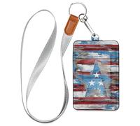 Background with Elements of The American Flag Leather Badge Holder with Lanyard and 3-Card Capacity id Holder for Office School IDs,Hotel Key Cards, Pass Cards