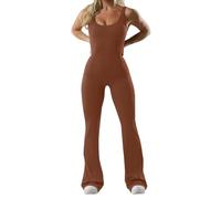 Backless Bodysuit Women One Piece Backless Jumpsuits Sleeveless Tummy Contral Seamless Rompers Square Neck Bodysuit with Built in Bra Wide Leg Full Length Romper Gym Workout Yoga Playsuits Coffee