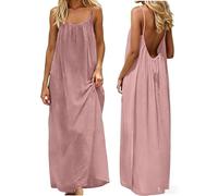 Backless Cami Dresses for Women Strappy Casual Lounge Dress Backless Solid Color Long Sleeveless House Dress Elegant Flowy Loose Sundress with Back Tie for Indoor Summer Beach Holiday Pink