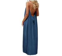 Backless Dresses for Women Summer Linen Maxi Dress Sleeveless Beach Boho Sundress Italian Kaftan Long Dress Oversized Loose Casual Holiday Long Dresses Spaghetti Strap Vest Tunic Sundress Dark Blue