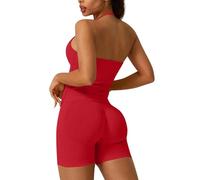 Backless Gym Sets for Women 2 Piece Outfit Seamless Workout Sets Halter Crop Top Sports Bras Hidden Scrunch Leggings Bums Shorts Yoga Gym Outfit Activewear Tracksuit (Red, M)