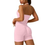 Backless Gym Sets for Women 2 Piece Outfit Seamless Workout Sets Halter Crop Top Sports Bras Hidden Scrunch Leggings Bums Shorts Yoga Gym Outfit Activewear Tracksuit (Pink, S)