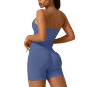 Backless Gym Sets for Women 2 Piece Outfit Seamless Workout Sets Halter Crop Top Sports Bras Hidden Scrunch Leggings Bums Shorts Yoga Gym Outfit Activewear Tracksuit (Navy, S)