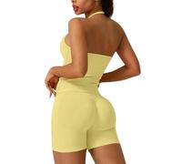 Backless Gym Sets for Women 2 Piece Outfit Seamless Workout Sets Halter Crop Top Sports Bras Hidden Scrunch Leggings Bums Shorts Yoga Gym Outfit Activewear Tracksuit (Yellow, XS)