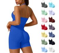 Backless Gym Sets for Women 2 Piece Outfit Seamless Workout Sets Halter Crop Top Sports Bras Hidden Scrunch Leggings Bums Shorts Yoga Gym Outfit Activewear Tracksuit (Blue, XS)
