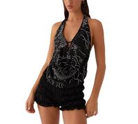 Backless Sequin Camisole Tops for Women Sexy Deep V Neck Spaghetti Straps Tank Top Y2K Sparkly Summer Going Out Cami Tops for Teens Girls (Deep Cowel Halter Neck Black, S)