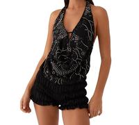Backless Sequin Camisole Tops for Women Sexy Deep V Neck Spaghetti Straps Tank Top Y2K Sparkly Summer Going Out Cami Tops for Teens Girls (Light Cowel Halter Neck Black, S)