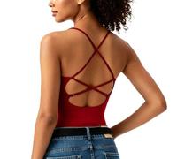 Backless Workout Tops for Women UK Longline Sports Bras Criss Cross Back Crop Tank Tops Padded Camisole Spaghetti Straps Vest Scoop Neck Sleeveless T-Shirt Yoga Gym Athletic Clothes