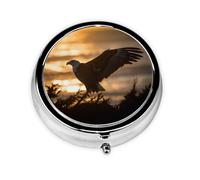 Backlit Eagle Print Pill Box 3 Compartments Round Pill Organizer Metal Waterproof Portable Pill Case for Pocket or Purse Vitamin/Fish Oil/Pills/Supplements