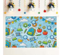 Backpack Backdrop, Educational Playful Fruits Lab Equipment Back to Campus Blue Photo Background for Photo Booth Party Gathering Event Background 71x43 Inch