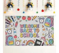 Backpack Backdrop, Playful Cartoonish Fruits Clock Back to Campus Colorful Party Photo Backdrop for Home Room Wall Celebration Display Decor 71x43 Inch