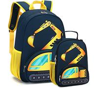 Backpack for Kids Boys Girls Preschool Kindergarten Bookbag Set with Lunch Box Toddler School Bag, A-Excavator construction- Navy, S, Cute