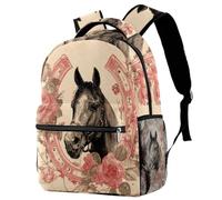Backpack for Primary School Students, Travel Daypack Laptop Work Book Bag Horse's Head Surrounded by Blooming Roses and Horseshoe