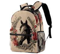 Backpack for Primary School Students, Travel Daypack Laptop Work Book Bag Horse's Head Surrounded by Blooming Roses and Classic Horseshoe