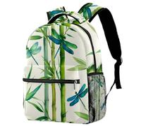 Backpack for Primary School Students, Travel Daypack Laptop Work Book Bag Watercolor Bamboo Grove with Stems and Leaves Dragonflies