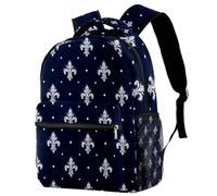 Backpack for Primary School Students, Travel Daypack Laptop Work Book Bag White Fleur De Lis on Navy Blue Background