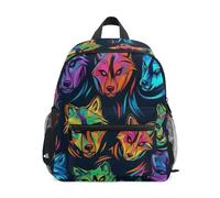 Backpack for Toddler Boys Girls, Abstract Wolf Neon Travel Back Pack with Name Tag Small Kids Backpacks Small