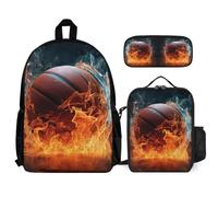 Backpack Ice and Fire Basketball Set with Lunch Tote and Pencil Case for Children Age 12, Bookbag Basketball School Supplies Bundle Year 5-7 for Primary Students Weekend Adventures and Sports