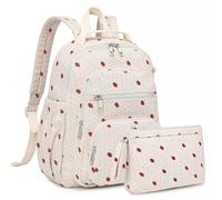 Backpack Purse for Women, Lightweight Ladies Small Travel Backpack with Mini Wallet Water Resistant Mini Rucksack, Beige Strawberry, 12.79x10.43x3.93 inches, Classic