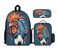 Backpack Rooster Set with Lunch Tote and Pencil Case for Children Age 12, Bookbag French Gallic Chicken School Supplies Bundle Year 5-7 for Primary Students Weekend Adventures and Sports