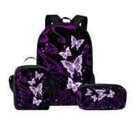Backpack Three-Piece Set Butterfly School Bag Student Baby Three Piece Set Backpack Food Bag Pencil Case Fashionable Versatile Portable Cute Nursery Backpacks Girls (Purple, 45)