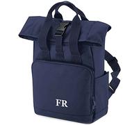 Backpack with Personalised Initials for Girls and Boys - Small Mini Roll Top Middle School Bag - Nursery or Primary Preschool Back Pack or Nappy Changing Bag, One Size, Navy