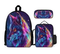 Backpack Wolf with Lunch Bag Animal Wolve Pencil Case for Girls 7-10 Years Year 2-4, Lightweight Carry Collection for Study Sessions Holidays and Weekend Adventures