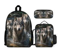 Backpack Wolves with Lunch Box Pencil Case for Kids Age 7, Backpack Animal Wolf School Supplies Bundle Year 4 for Boys Weekend Adventures and Sports