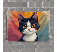 Backyard Bar Decor A Black and White Cat with Striking Yellow Eyes Against A Vibrant, Colorful Background Tapestry Wall Decor for Dorm Hanging Decorations for Bedroo(75X100CM)
