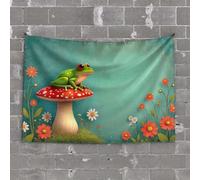 Backyard Bar Decor A Frog Sits On A Red Mushroom Surrounded by Colorful Flowers Tapestry Room Decorations for Bedroom Aesthetic Tapestries(100X150CM)