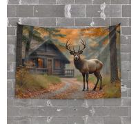 Backyard Bar Decor A Majestic Elk Stands On A Forest Path Near A Cozy Cabin Tapestry Wall Decor for Dorm Hanging Decorations for Bedroo(75X100CM)