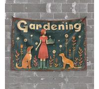 Backyard Bar Decor Gardening Bliss: Woman with Dogs Amidst Blooming Flowers Tapestry Wall Tapestry Cave Man Bar(100X150CM)