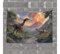 Backyard Bar Decor Two Dinosaurs Stand Near A River with an Erupting Volcano in The Background Tapestry Room Decorations for Bedroom Aesthetic Tapestries(100X150CM)