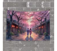 Backyard Bar Decor Two People Walk Under Cherry Blossom Trees Tapestry Wall Decor for Dorm Hanging Decorations for Bedroo(75X100CM)
