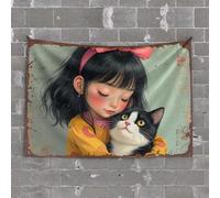Backyard Bar Decor Whispering Secrets: A Girl's Tender Moment with Her Cat Tapestry Man Cave Decor and Accessories Man Cave Rules(100X150CM)