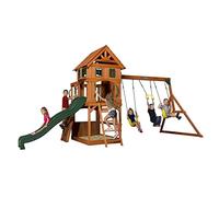 Backyard Discovery Atlantis 100% Cedar Wood Swing Set | Outdoor Playground for Kids | Garden Climbing Frame for Children | 1 Trapeze and 2 Belt Swings | 2.4m Wave Slide | Rock Wall