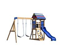 Backyard Discovery Bay Pointe 100% Cedar Wood Swing Set | Outdoor Playground Kids | Garden Climbing Frame Children | 2 Belt Swings | 1.8m Wave Slide | Built-In Chalkboard | 3-6 Year Olds