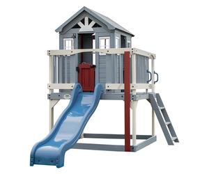 Backyard Discovery Beacon Heights 100% Cedar Wood Elevated Playhouse | Outdoor Garden Structure for Kids | Compact Design for Small Areas | 1.8m Wave Slide | Toy Kitchen, Bell and Growth Chart