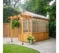 Backyard Discovery Bellerose Cedar Wood Polycarbonate Greenhouse With Pergola Front And Powerport 2.9M X 1.8M (9Ft X 6Ft)