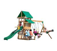 Backyard Discovery Belmont 100% Cedar Wood Swing Set | Outdoor Playground for Kids | Garden Climbing Frame for Children | 1 Trapeze and 2 Belt Swings | 2.4m Wave Slide | Rock Wall Ladder