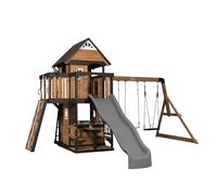 Backyard Discovery Canyon Creek 100% Cedar Wood Swing Set | Outdoor Playground for Kids | Garden Climbing Frame for Children | 1 Web Disc and 2 Belt Swings | 2.4m Wave Slide | Rock Wall | Toy Kitchen