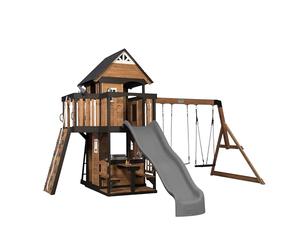 Backyard Discovery Canyon Creek 100% Cedar Wood Swing Set | Outdoor Playground for Kids | Garden Climbing Frame for Children | 1 Web Disc and 2 Belt Swings | 2.4m Wave Slide | Rock Wall | Toy Kitchen