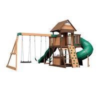 Backyard Discovery Cedar Cove Swing Set | 3m Slide, Tube Slide & Rock Wall | 100% Cedar Wood, 3m Wave Slide, Tube Slide, Rock Wall, Web Disc Swing, 2 Belt Swings, Outdoor Playset