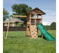 Backyard Discovery Lightning Ridge Cedar Wood Climbing Frame Swing Set With Wave Slide, Play Deck, Rock Wall, And Sandbox