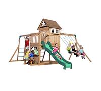 Backyard Discovery Montpelier 100% Cedar Wood Swing Set|Outdoor Playground for Kids|Garden Climbing Frame for Children|1 Trapeze and 2 Belt Swings|2.4m Wave Slide| Moneky Bars|Bench Seating
