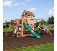 Backyard Discovery Montpellier Wooden Swing Set & Playcentre, Barn-Style Clubhouse, Balcony, 8Ft Slide, Monkey Bars, Trapeze